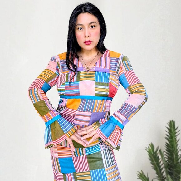vintage 70's handmade metal zipper pastel rainbow patchwork madras midi dress - Picture 4 of 11